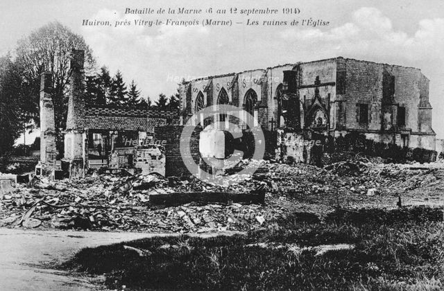 Ruined church, Huiron, France, Battle of the Marne, World War I, 1914. Artist: Unknown