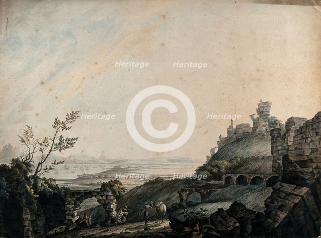 Ruins at Galetta, with lake Tunis in the distance, seen from Carthage, Tunisia, 1778. Creator: Charles Gulin.