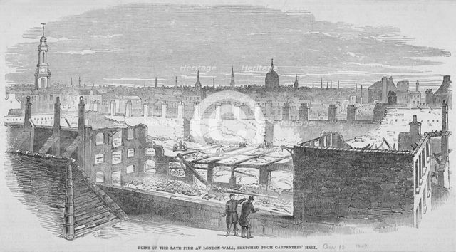 Ruins at London Wall from Carpenters' Hall as the result of a fire in 1849. Artist: Anon