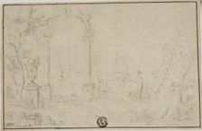 Ruins in a Park, Two Figures, n.d. Creator: Unknown