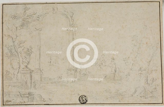 Ruins in a Park, Two Figures, n.d. Creator: Unknown.