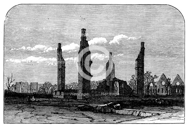 Ruins of Chicago after the Fire: Ogden College, 1871. Creator: Unknown.