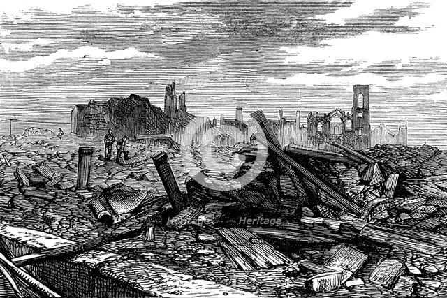 Ruins of Chicago after the Fire: Porter Palmer's Block; Field and Leiter's Stores, 1871. Creator: Unknown.