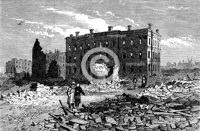 Ruins of Chicago after the Fire: Post-Office and Tribune Buildings, 1871. Creator: Unknown.