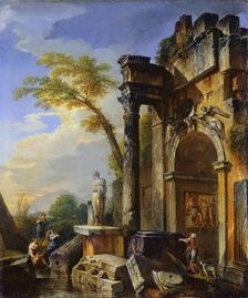 Ruins of a Triumphal Arch in the Roman Campagna, between 1717 and 1719. Creator: Giovanni Paolo Panini