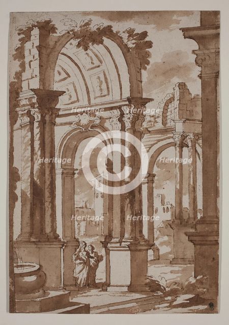 Ruins of a Building with Two Women, 18th century. Creator: Francesco Galli Bibiena.