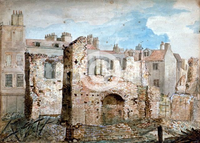 Ruins of a fire-damaged building in Bear Yard, Westminster, London, 1809.                            Artist: Daniel Thorn
