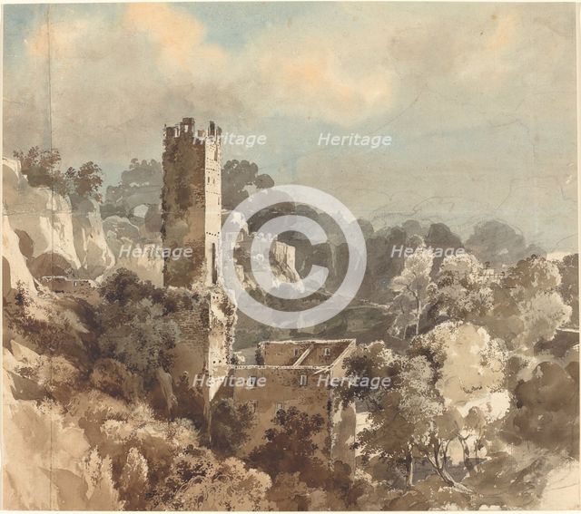 Ruins of a Fortified Tower among Wooded Hills, 1816/1821. Creator: Friedrich Salathe.