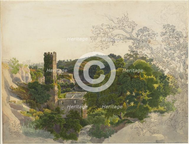 Ruins of a Fortified Tower among Wooded Hills, 1816/1821. Creator: Friedrich Salathe.