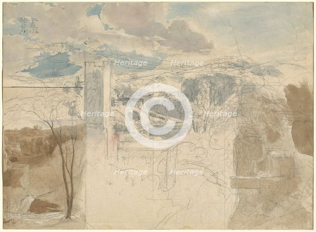 Ruins of a Fortified Tower among Wooded Hills [recto], 1816/1821. Creator: Friedrich Salathe.