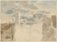 Ruins of a Fortified Tower among Wooded Hills [recto], 1816/1821. Creator: Friedrich Salathe