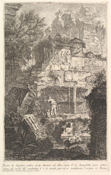 Ruins of an ancient tomb in front of ruins of an ancient aqueduct (Ruine di Sepolcro a..., ca. 1750. Creator: Giovanni Battista Piranesi