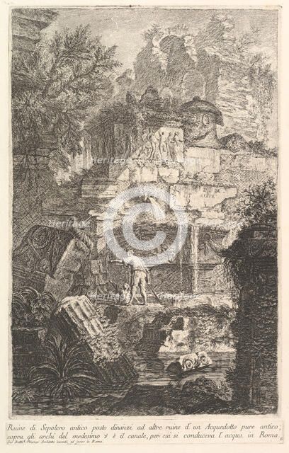 Ruins of an ancient tomb in front of ruins of an ancient aqueduct (Ruine di Sepolcro a..., ca. 1750. Creator: Giovanni Battista Piranesi.