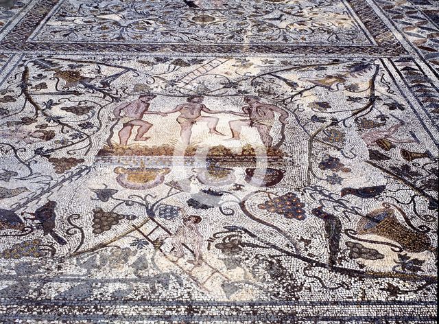 Ruins of Mérida, Roman house of the Amphitheater, detail of the mosaic with scenes of treading of…
