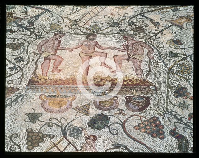 Ruins of Mérida, Roman house of the Amphitheater, detail of the mosaic with scenes of treading of…