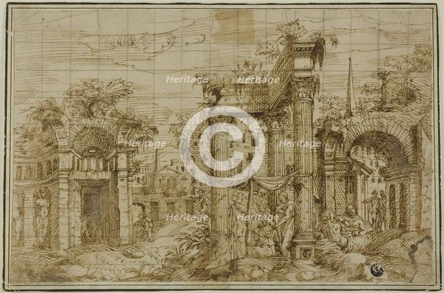 Ruins of Roman Forum, with Figures, c. 1550. Creator: Giovanni Battista Pittoni.