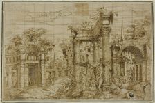 Ruins of Roman Forum, with Figures, c. 1550. Creator: Giovanni Battista Pittoni