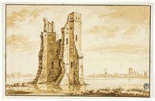 Ruins of the Merwede Manor seen from the Front with Dordrecht in the Background, n.d. Creator: Abraham Rademaker