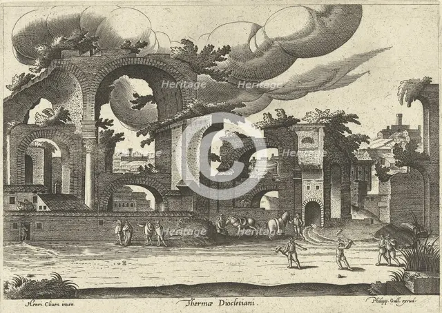 Ruins of the Baths of Diocletian from the side with two men playing croquet in the foreground, 1585. Creator: Cleve, Hendrik van, III (ca 1525-1590).