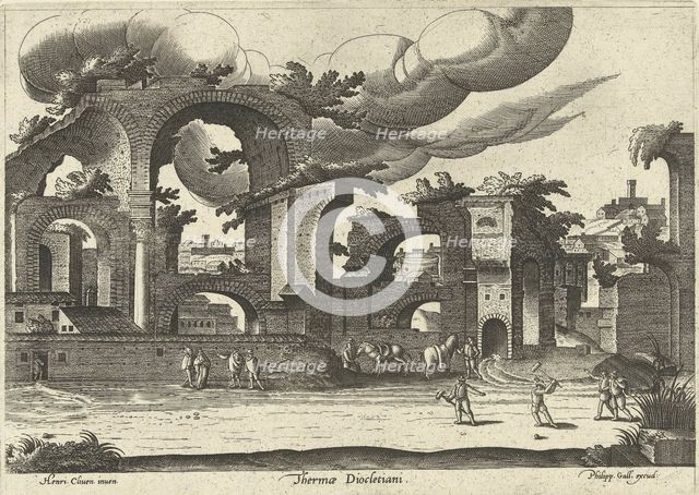 Ruins of the Baths of Diocletian from the side with two men playing croquet in the foreground, 1585. Creator: Cleve, Hendrik van, III (ca 1525-1590).