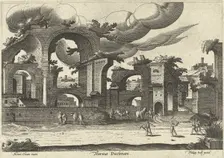 Ruins of the Baths of Diocletian from the side with two men playing croquet in the foreground, 1585. Creator: Cleve, Hendrik van, III (ca 1525-1590)