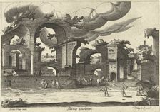 Ruins of the Baths of Diocletian from the side with two men playing croquet in the foreground, 1585. Creator: Cleve, Hendrik van, III (ca 1525-1590)