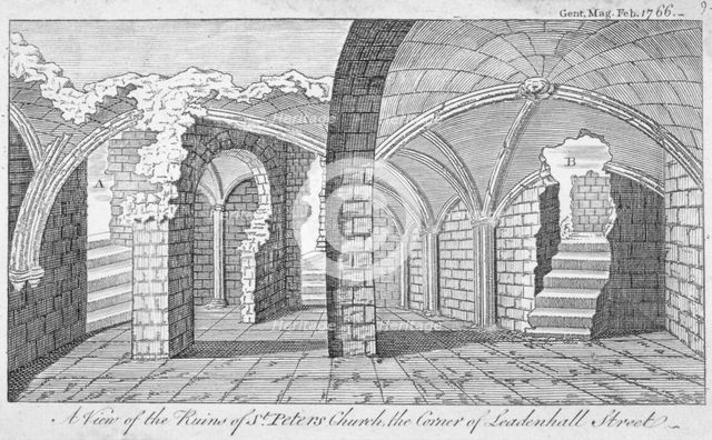 Ruins of the Church of St Peter on the corner of Leadenhall Street, City of London, 1766. Artist: Anon