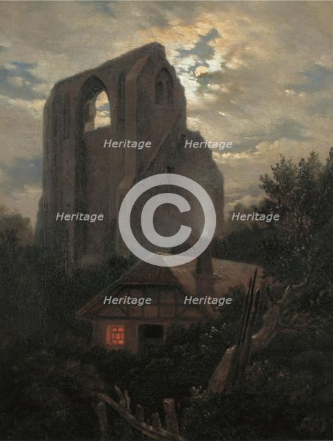 Ruins of the Eldena Monastery with cottage near Greifswald in Moonlight, 1820. Artist: Carus, Carl Gustav (1789-1869)