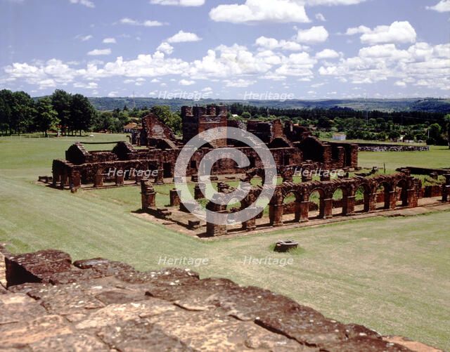 Ruins of the Reducción Jesuita de Trinidad, Indian houses and bell tower of the provisional churc…