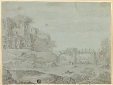 Ruins Overlooking River with Bridge, n.d. Creator: Adriaen van de Venne