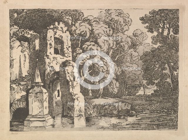 Ruins Next to a Pool in a Wooded Landscape, 1783-84. Creator: Thomas Rowlandson.