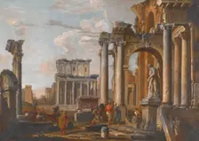 Ruins with the Temple of Antoninus and Faustina, about 1727-1730. Creator: Giovanni Paolo Panini