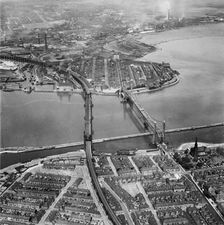 Runcorn Railway Bridge and Widnes-Runcorn Transporter Bridge, Cheshire, 1952. Artist: Aerofilms