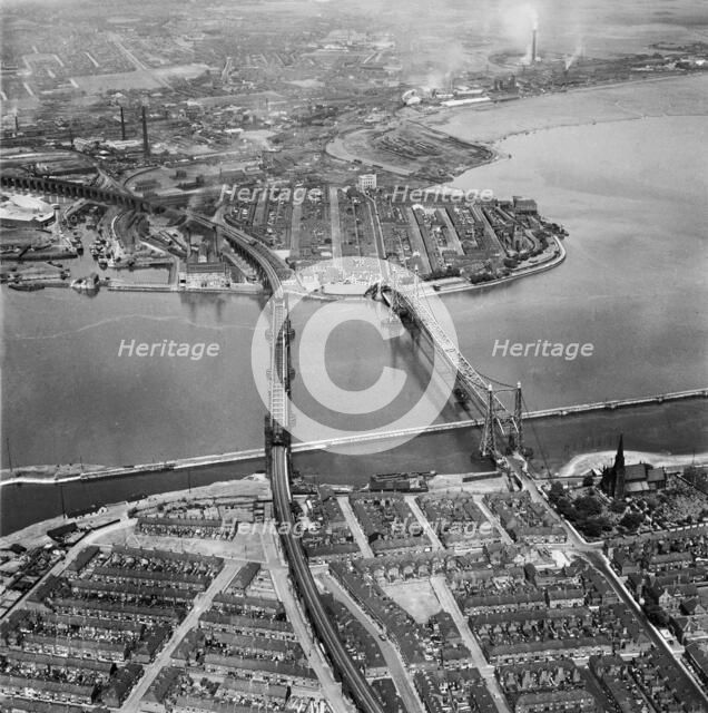 Runcorn Railway Bridge and Widnes-Runcorn Transporter Bridge, Cheshire, 1952. Artist: Aerofilms.