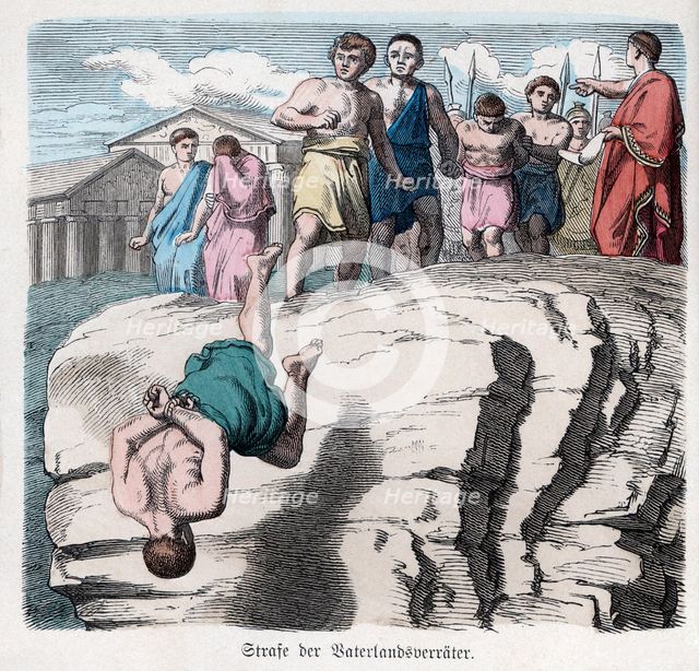 Running to the Tarpeia rock, place from where traitors of the country were thrown, engraving 1866.