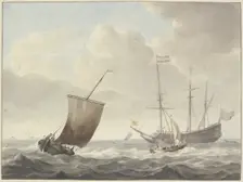 Running sea with ships, yellow flag with a golden lion. Creator: Martinus Schouman