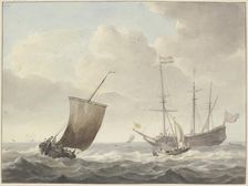 Running sea with ships, yellow flag with a golden lion. Creator: Martinus Schouman