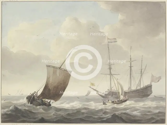 Running sea with ships, yellow flag with a golden lion. Creator: Martinus Schouman.