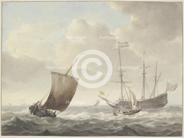 Running sea with ships, yellow flag with a golden lion. Creator: Martinus Schouman.