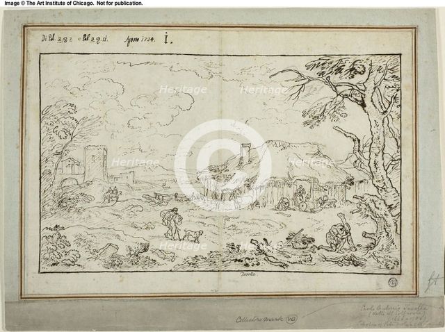 Rural Crossroads, with Farm Buildings in Foreground, 1734. Creator: Carlo Antonio Tavella.