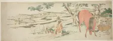Rural Scene in Early Summer: Peasants Transplanting Rice and a Man Washing a Horse, late 1790s. Creator: Katsukawa Shun'ei