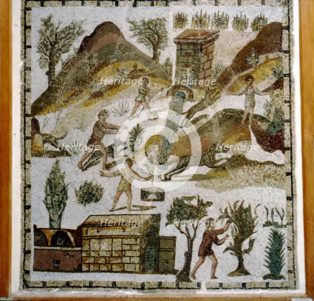 Rural Scenes on Roman Floor-Mosaic from Tabarka, Tunisia, 4th century. Artist: Unknown.