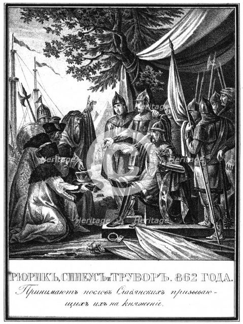 Rurik, Sineus and Truvor. The Invitation of the Varangians, 862 (From Illustrated Karamzin), 1836. Artist: Chorikov, Boris Artemyevich (1802-1866)