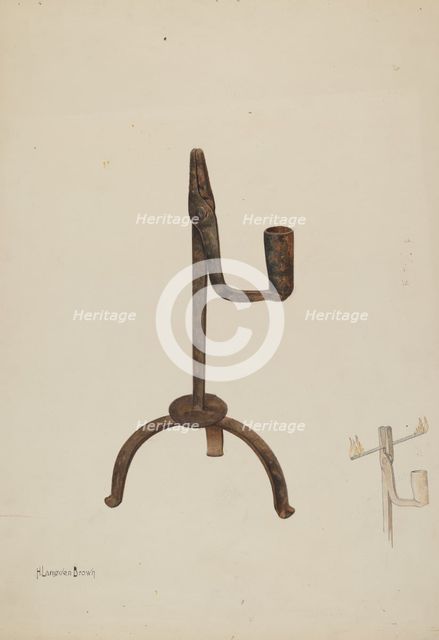 Rush Holder with Candle Socket, c. 1937. Creator: H. Langden Brown.