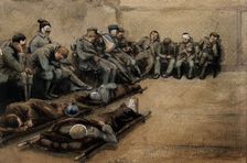 Russo-Japanese War: wounded soldiers slouched on benches and on stretchers on a stone floor. Creator: Unknown