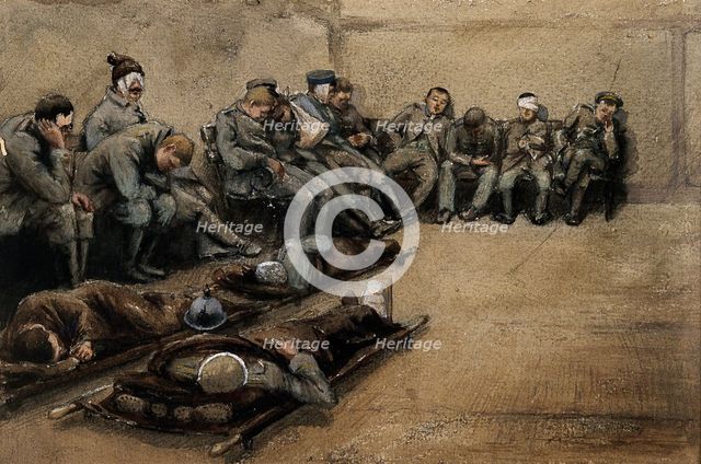 Russo-Japanese War: wounded soldiers slouched on benches and on stretchers on a stone floor. Creator: Unknown.
