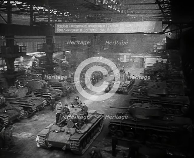 Russian Tanks Being Driven Out of a Factory, 1941. Creator: British Pathe Ltd.