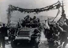 Russian troops entering the village of Dolno Kamartsi, Bulgaria, September 1944