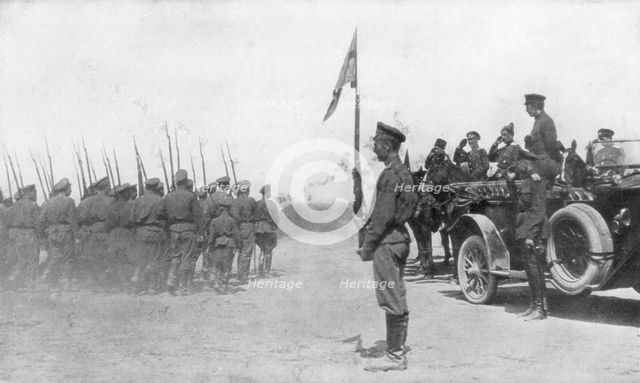 Russian troops parading in front of Alexander Kerensky, First World War, July 1917. Artist: Unknown