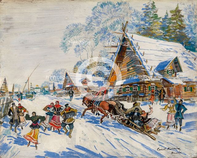 Russian village in winter, .